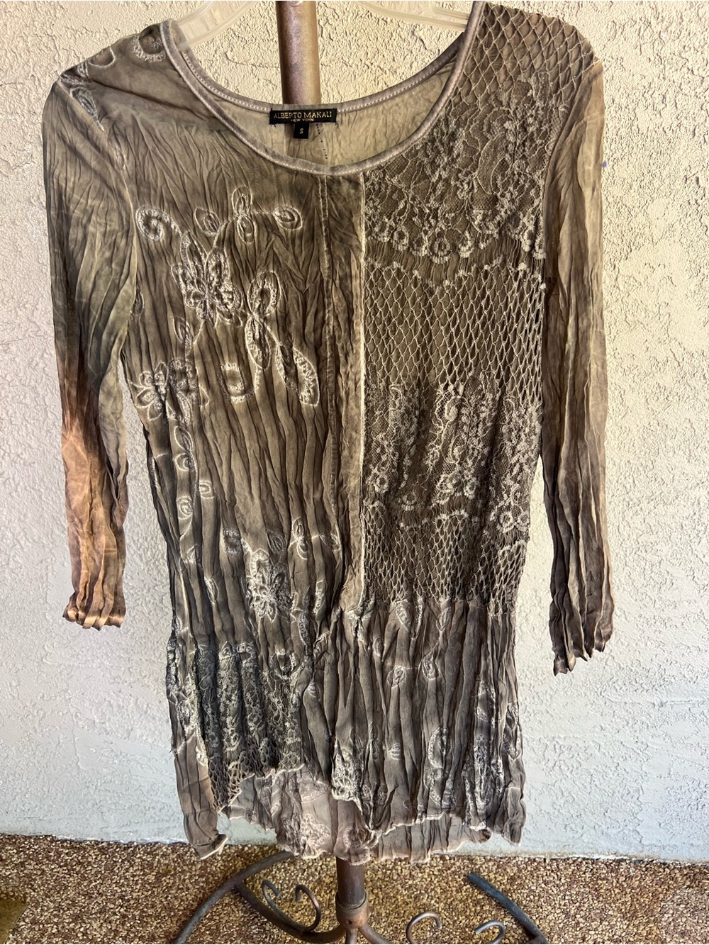 Alberto Makali Taupe Gray Crinkle Lace Panel Tunic Size S